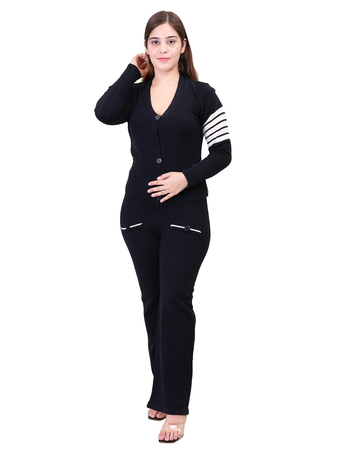 camey Women's Long Sleeve V-Neck Open Button Woolen Co-Ord Set-picture-18