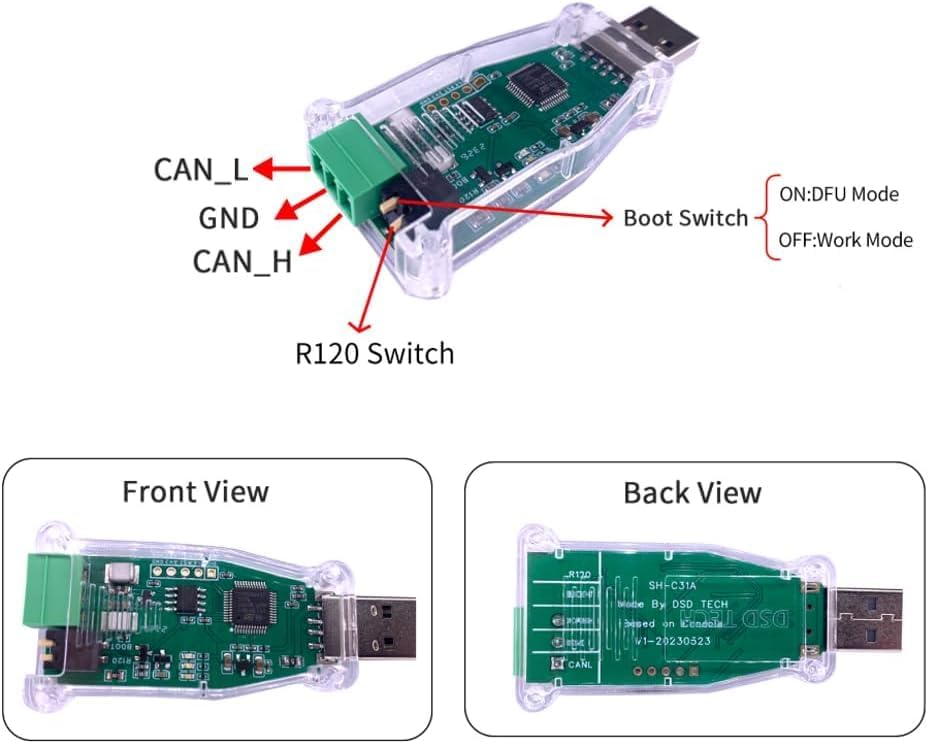 Old va orqa view of DSD TECH SH-C31A USB to CAN Adapter with pinout and switch labels