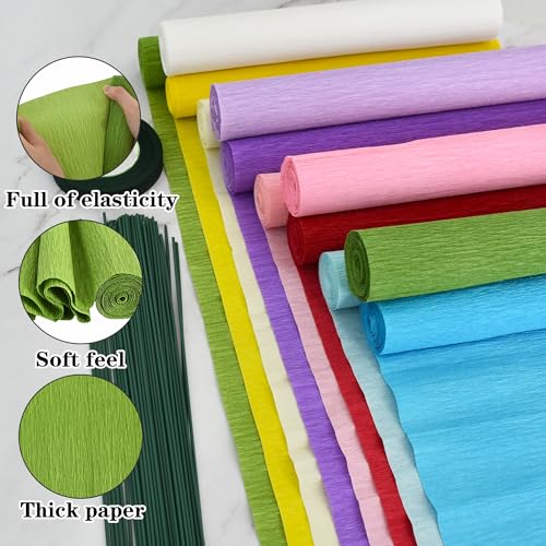Image of BEISHIDA 12 Rolls Crepe Paper Roll, 12 Colors Crepe Paper Sheet for Flower Making, Flowers Kit with Tape and Wire for Wedding Ceremony, Birthday Holiday Party Decoration,DIY Craft (9.8in x 8ft /Roll)