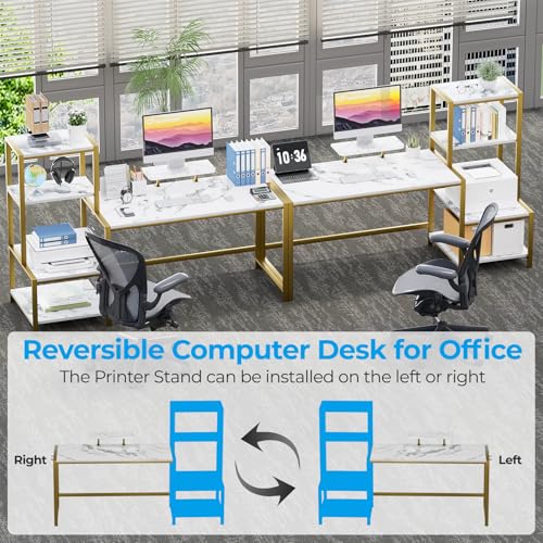 Image of GreenForest Computer Desk 58 inch with Printer Shelf, Reversible Office Desk with Monitor Stand and 2 Hooks, Home Desk Workstation for Study Writing Working Gaming, Marble