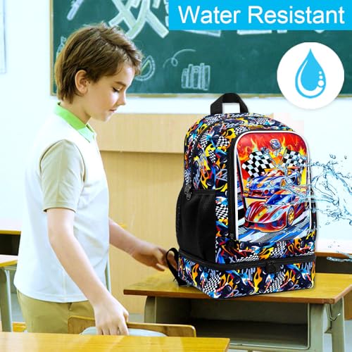 Image of HPJGD 2-in-1 Backpack for Boys, 17 inch Race Car Preschool Bookbag Set with Built-in Lunch Compartment, Kids Water-Resistant School Bag for Elementary - Thrill Racing
