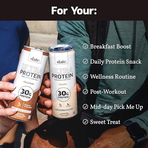 Image of Slate Milk Ultra High Protein Milk Shake (Best Sellers Pack) Chocolate & Vanilla - 30g Protein, 1g Sugar, 130 Calories, 1-2g Net Carbs - No Added Sugar - Lactose Free - Natural - 11 fl oz, 12 Cans