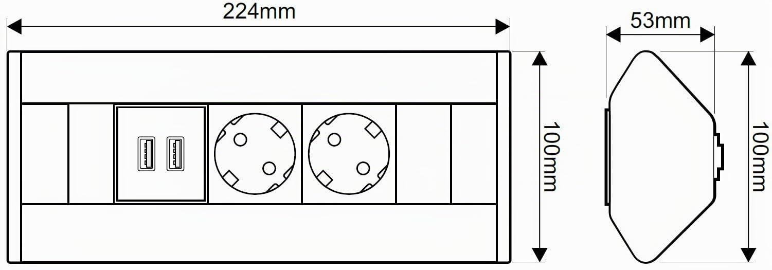Aluminium Steckdosenleiste 2-Fach, USB, Netzkabel
