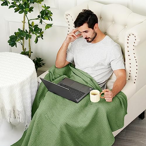 Image of PHF 100% Cotton Waffle Throw Blanket Lightweight Breathable, Loden Green