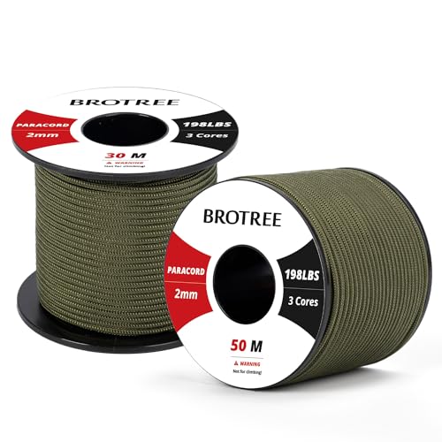 Brotree 2mm Paracord 3 Hebras 30M 100% Nylon Cuerda de Paracaídas para Al Aire Libre, Artesanía, Bricolaje - 90kg Carga de Rotura (Ejército Verde)