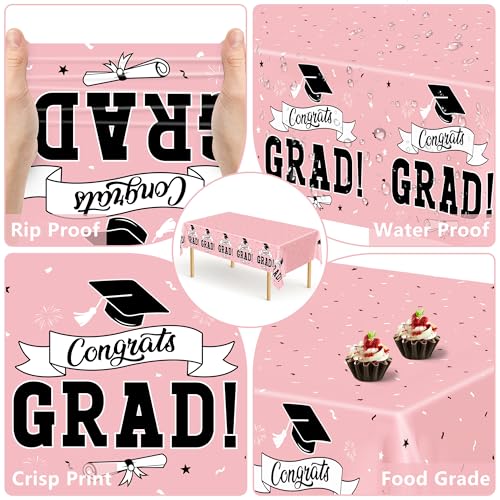 Image of 2 PCS Graduation Tablecloth, 108 inch X 54 inch Pink Graduation Decorations 2026, Disposable Plastic Tablecover for Class of 2026 Congrats Grad, Rectangle Table Covers for Grad Decor Party Supplies for Kids