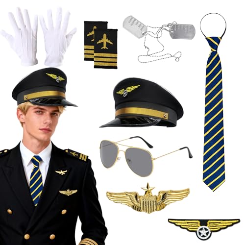 RAOPNHS 8 Piloten Kostüm Herren Set Karneval Kostüm Herren Pilot Zubehör mit Krawatte Brille und Abzeichen Fasching Flugzeug Verkleidung für Halloween Mottoparty
