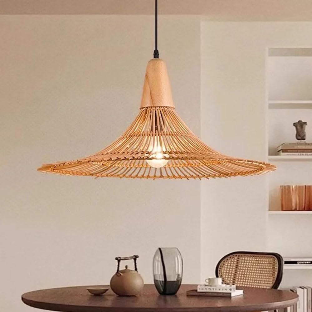 XQIDIANAA 23.6inch Rattan Pendant Light, Boho Farmhouse Woven Hanging Lamp Fixture, Adjustable Kitchen Island Pendant Lighting for Dining Room Bedroom Entryway, Bulbs Not Included