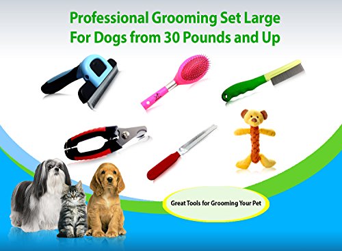 My Pet Boutique Pet Grooming Tools Large-Includes 6 Items- Deshedding Tool, Nail Clipper, rasp, flea Comb, Professional Brush and Bear Toy. for Dogs from 30 pounds and up