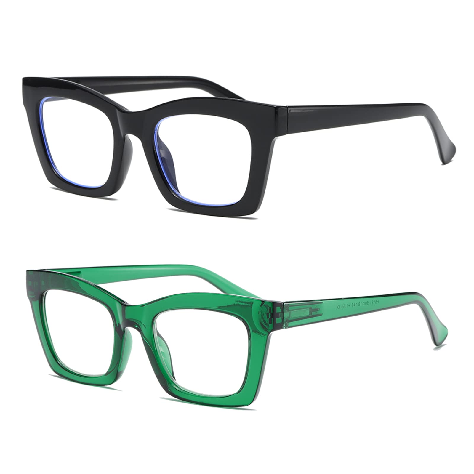 Hubeye Gafas de lectura para Mujeres de Moda Anteojos de lectura con Bisagra de resorte ultraligeras anti luz azul (Negro+Verde, 2.00)