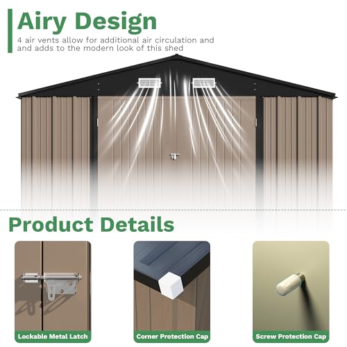 Image of Patiowell 10x14 FT Storage Shed, Outdoor Metal Steel Garden Shed with Lockable Door and Sloping Roof, Large Outside Utility Tool Sheds for Backyard Garden Patio, Brown