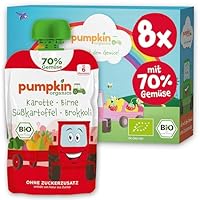 Pumpkin Organics Bio Gemüse-Quetschies 8er Pack Karotte, Birne, Süßkartoffel, Brokkoli ohne Zuckerzusatz¹ - ab 6 Monaten - als Snack oder Beikost für unterwegs - glutenfrei (8x100g)