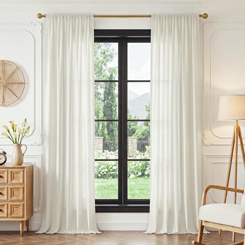 Image of FMFUNCTEX Sheer Non-See-Through Netural Beige Curtains for Bedroom, Faux Silk that Let Light Curtains 84 inches Long Light Filtering Privacy Sheer Drapes for Living Room, Rod Pocket 2 Panels Set