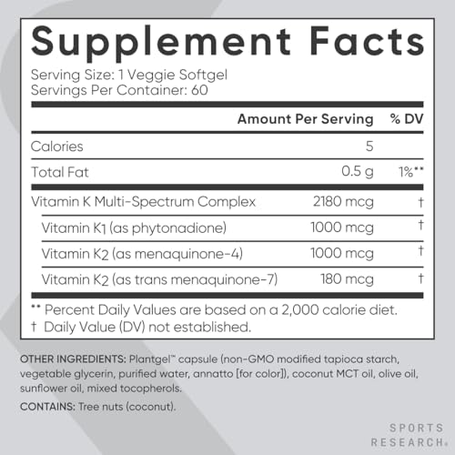 Image of Sports Research Vitamin K Multi-Spectrum - Three Types of Vitamin K: K1, K2 MK-4 & K2 MK-7 - Vegan Friendly, Plantgel Capsule - 60 softgels