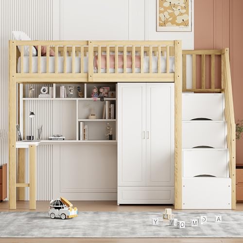 Moimhear Letto a soppalco 90 x 200 cm con grande armadio mensola e tavolo, spazio per scale multiuso in legno (bianco + colore naturale), LDB00110