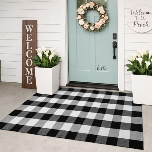 KILOCOCO Buffalo Plaid Checkered Rug - 3'x5' Front Door Mat Outdo...