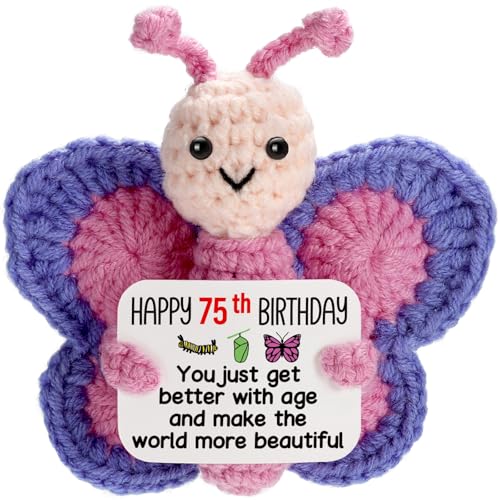 WEYON 75th Birthday Gifts for Women, Tiny Crochet Butterfly Plush with Pink Purple Wings...
