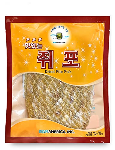ROM AMERICA Dried Filefish Fillet Jerky - Traditional Korean Roasted File Fish Seafood Snack Jwipo 쥐포 - 8oz (Pack of 1)