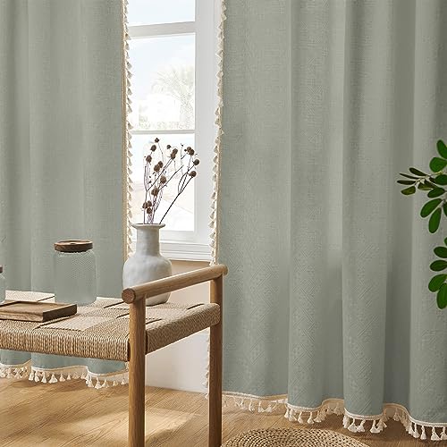 Image of Joydeco Greyish Green Boho Curtains 63 Inch Length 2 Panels Set, Boho Curtains for Bedroom Living Room, Super Soft Light Filtering Country Rustic Semi Sheer Farmhouse Curtains Rod Pocket
