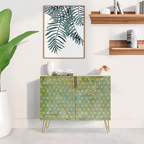 Signwin Sideboard Buffet Cabinet, Kitchen Storage Cabinet With 2 Doors, Dark Green Geometric Hexagon Patterns, Cupboard Console Table For Dining Room - 35" L X 18" W X 29" H #TOP3
