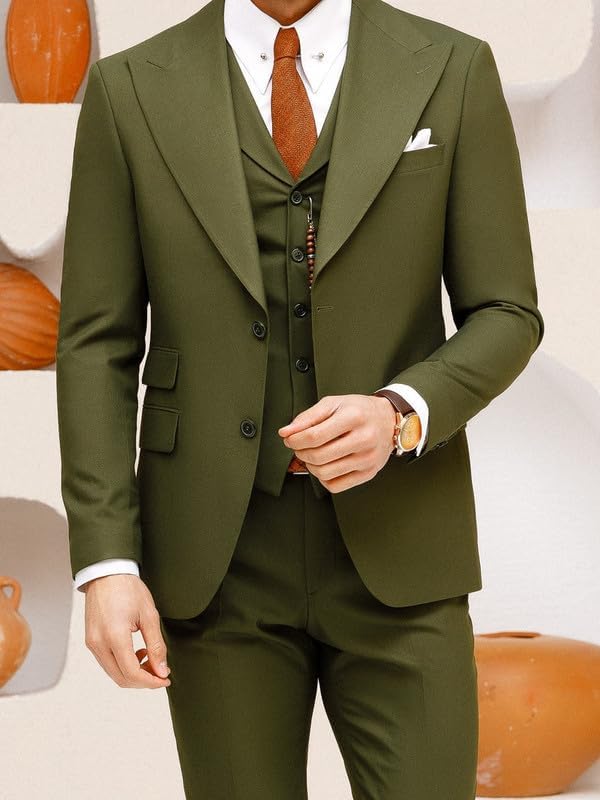 Men’s Khaki Slim-Fit 3-Piece Suit – Stylish Wedding, Business, and Party Formal Wear with Blazer, Vest & Pants3
