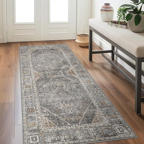 GENIMO 3x8 Non Slip Hallway Runner Rug, Machine Washable, Thin & Low Pile Lightweight for Kitchen, Laundry, Entryway, Bedroom & Living Room, Light Gray