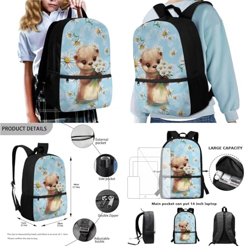 Xoenoiee Otter Daisy Flower Pattern Kids School Backpack 4Pcs Bundle with Insulated Lunch Box, Water Bottle Pouch, Pencil Case Back to School Supplies2