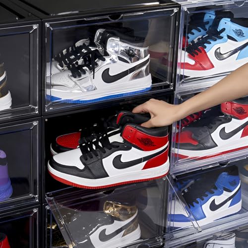Image of NYALKARAN Shoe Storage Organizer Box for Sneakers - Transparent, Heavy Duty, Stackable with Magnetic Door - Large Plastic Shoe Box for Men & Women, Multipurpose Storage (Black, PACK OF 5)