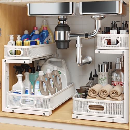 2 Pack Under Sink Organizer With Smooth Cylindrical Rail,2-Tier P...