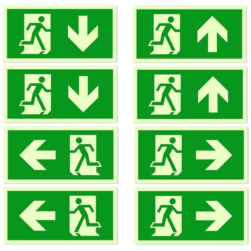 Fluchtwegschilder Nachleuchtend 8 Stück Notausgangsschild Reflektierende Folie aus Polyethylen Selbstklebendes 300 x 150mm Exit Schild mit Pfeil Fluchtwegschilder für Hotels Schulen Bürogebäude