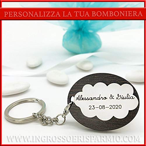 Ingrosso & SparMio 20 Schlüsselanhänger mit ovalem Anhänger aus Holz und weißer Wolke mit gravierten Namen, Gastgeschenke, Geburt, Taufe, Hochzeit (mit Personalisierung)