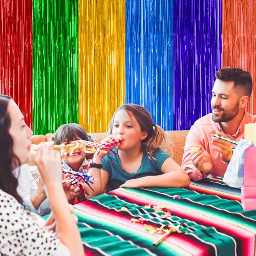 Image of ZATAYE 2 Pack Mexican Color Fiesta Foil Curtain Streamer Decorations | Mexican Color, Metallic Foil, 3.28 x 7.05 FT, Tinsel Backdrop, Foil Curtain Streamer, Fiesta Party Decorations
