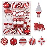47PCS Red and White Christmas Ornaments Sets, Shatterproof Candy Cane Christmas Tree Decorations, Hanging Ball Ornaments Tree Decor for Xmas Party (Red & White)