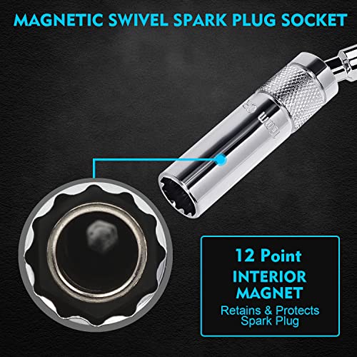 Vastools 5/8" Magnetic Swivel Spark Plug Socket, 3/8" Drive X 11" Extension, 12 Point, Cr-V Steel, 360 Degree Swivel #TOP3