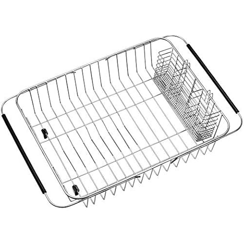 SANNO Expandable Dish Drying Rack Over Sink Dish Rack Shelf in Sink or On Countertop with Stainless Steel Utensil Holder Rustproof Stainless Steel Cover