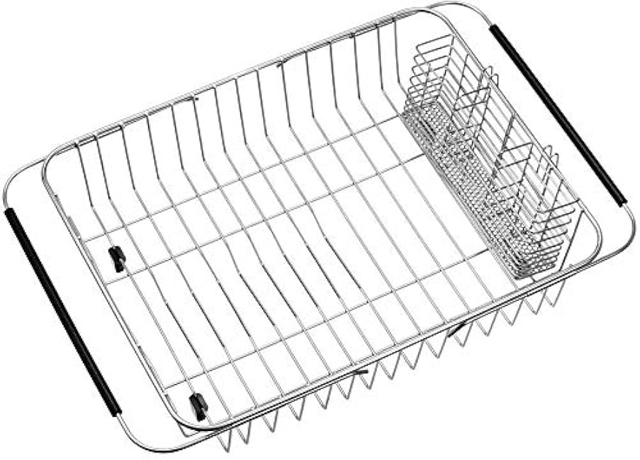 SANNO Expandable Dish Drying Rack Over Sink Dish Rack Shelf in Sink or On Countertop with Stainless Steel Utensil Holder Rustproof Stainless Steel
