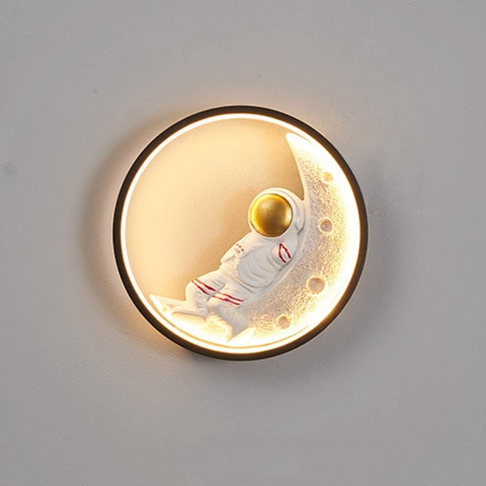Astronaut Wall Light Fixtures Dimmable Crescent Moon LED Light Wall Mount Lamp Black Round Bedroom Wall Sconce Cartoon Modern Lighting for Headboard Boy Girls Children Room Foyer