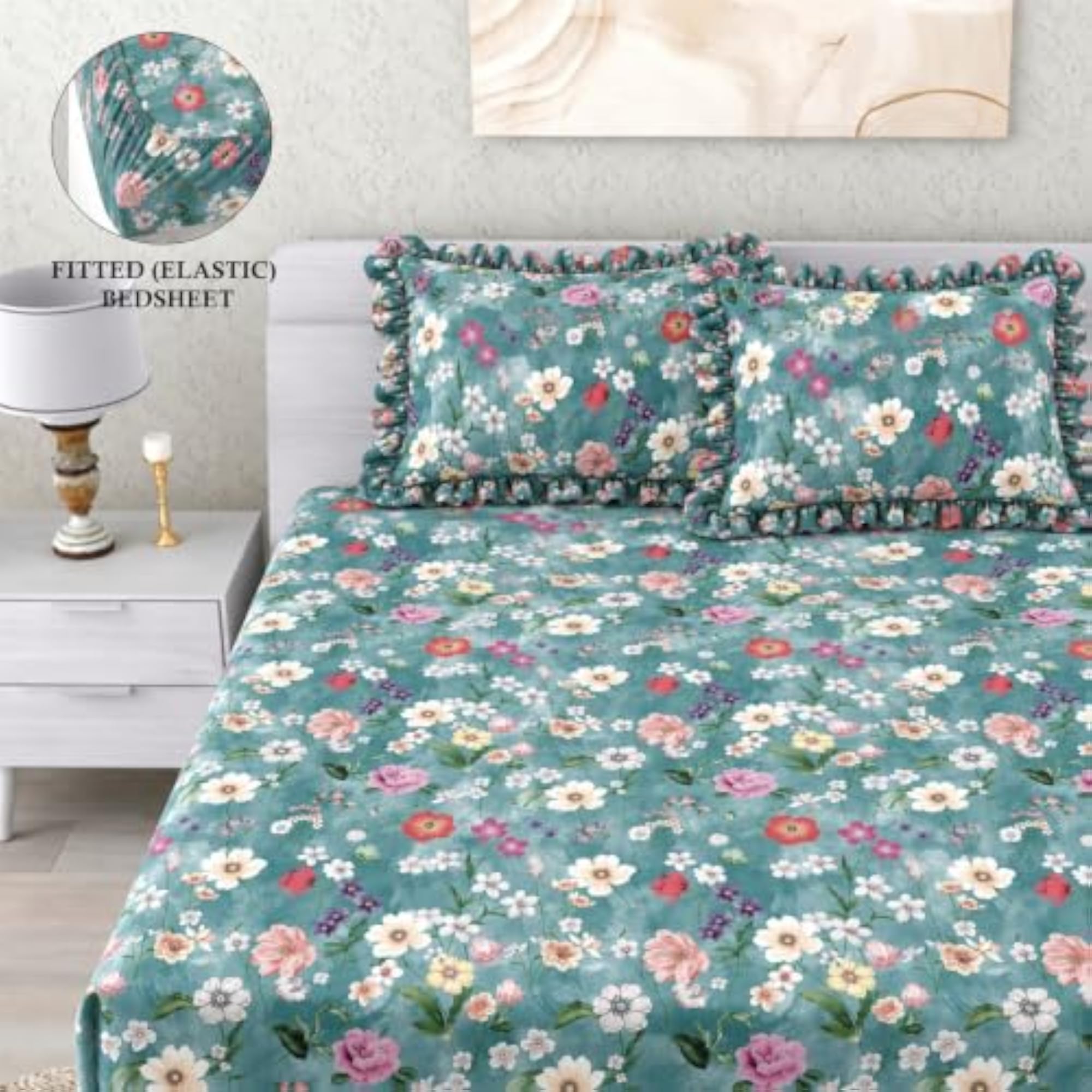 DECOREZA King Size Fitted Bedsheet with 2 Frill Pillow Covers