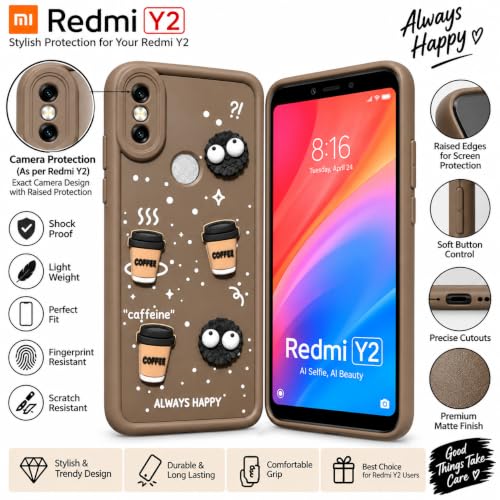 Image of Bintage Back Cover Compatible for Redmi Y2 | Cute Fun Ball | 3D Taddy Smiley Coffee | Milk Case | Full Body Protection - Brown