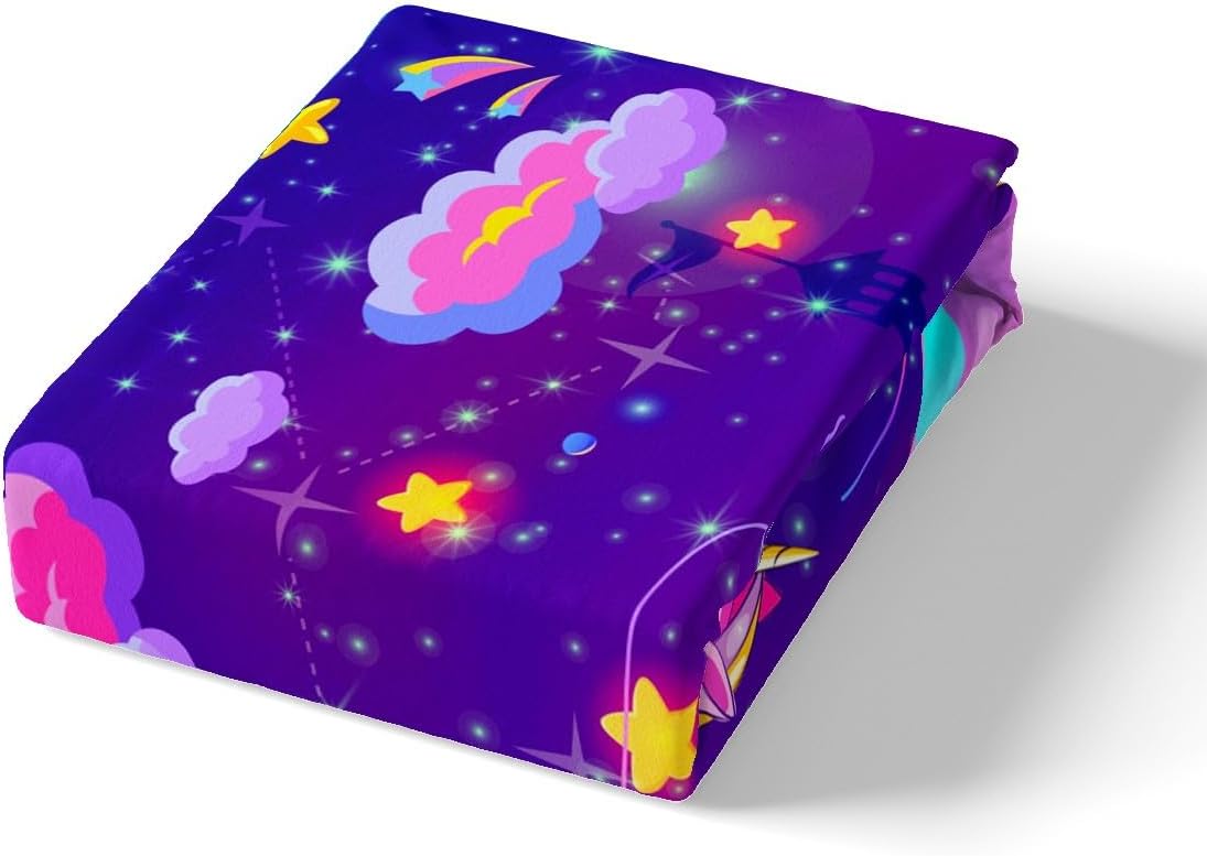 Galaxy Star Cartoon Unicorn Bed Sheets Set Full, Girls Cute Unicorn Sheet Set Cartoon Unicorn Sheets with Deep Pocket Fitted Sheet for Kids Toddler Fairy Dreamy Horse Bedding Set With 2 Pillow Case