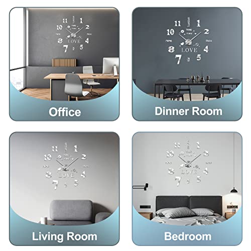 Ferrisa Frameless Diy Wall Clock, 3 In 1 Large 3D Frameless Wall Clock 47 Inch, 3D Diy Wall Clock For Living Room Bedroom Office Decor Wall Decor(Silver Love) #TOP2