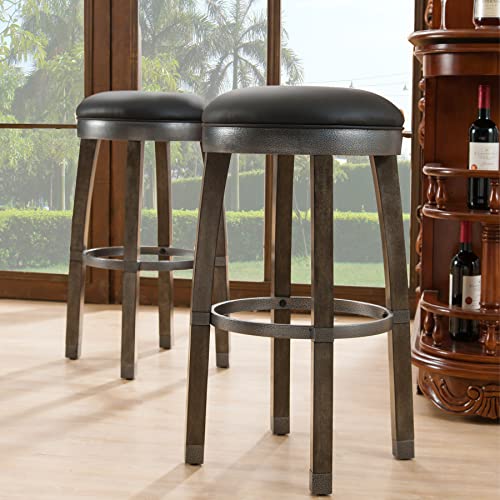 Image of Leick Graystone Wood Cask Stave Bar Stool w /Black Faux Leather Seat, Set of 2, Height