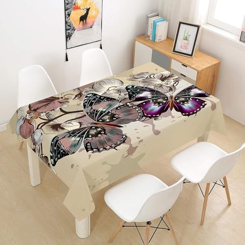 Rectangular Tablecloth Butterfly and Flower Extra Large Table Cloth Cover 140x300 cm Khaki Wipe Clean Polyester Fabric, 3D Table Protector for Kitchen Dining Party 55x118 in a-9269