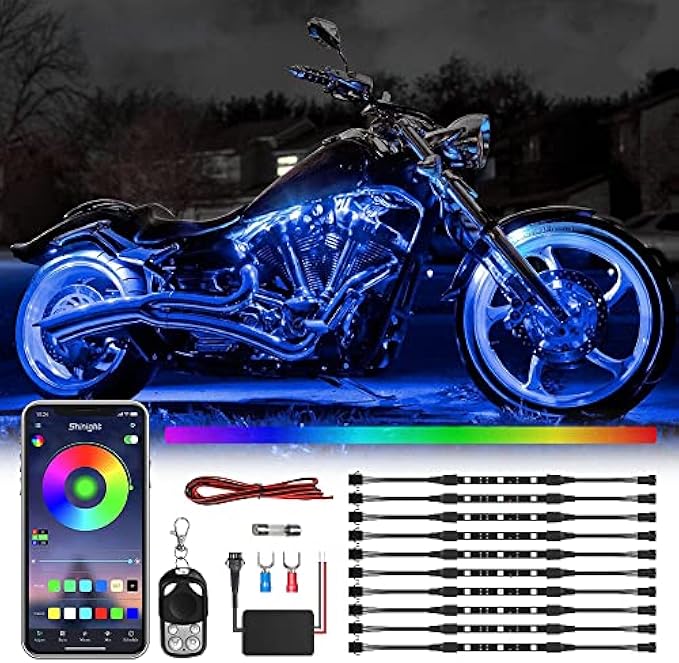 SHINIGHT 10 Pcs Motorcycle LED Light Kits, App Control Multicolor Waterproof Strip Lights with RF Remote, Music Sync & Multiple Scene Modes RGB for Motorcycles