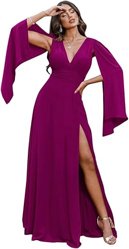 Miniatura 1 de Leeskoot Vestidos de dama de honor rojos de manga larga para mujer, para boda, vestido de noche plisado de gasa larga con abertura 2023