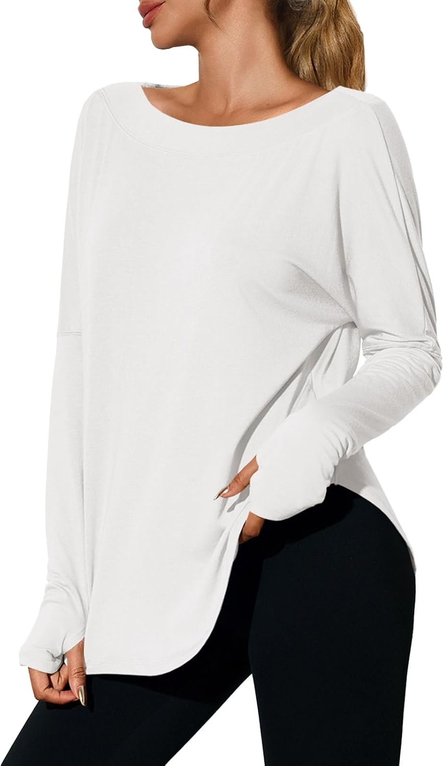 Tankaneo Womens Open Back Workout Shirts Casual Long Sleeve Boat Neck Tops Athletic Gym Yoga Tees with Thumb Holes - Image 4