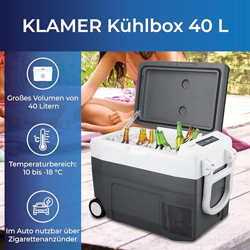 KLAMER Kühlbox XXL - Elektrische Kühlbox 40L mit Kompressor für Camping & Ausflüge - Kühlung bis -18°C - Auto Kühlbox mi