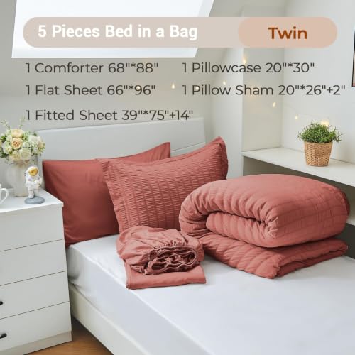 Image of MUXHOMO 5 Pieces Twin Comforter Set, Seersucker Bed in a Bag Twin Size, All Season Luxury Bedding Set with Comforter, Flat Sheet, Fitted Sheet, Pillowcase & Sham, Coral