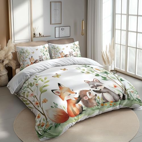 Parure de lit 240x220 réversible blanche imprimé animaux sylvestres