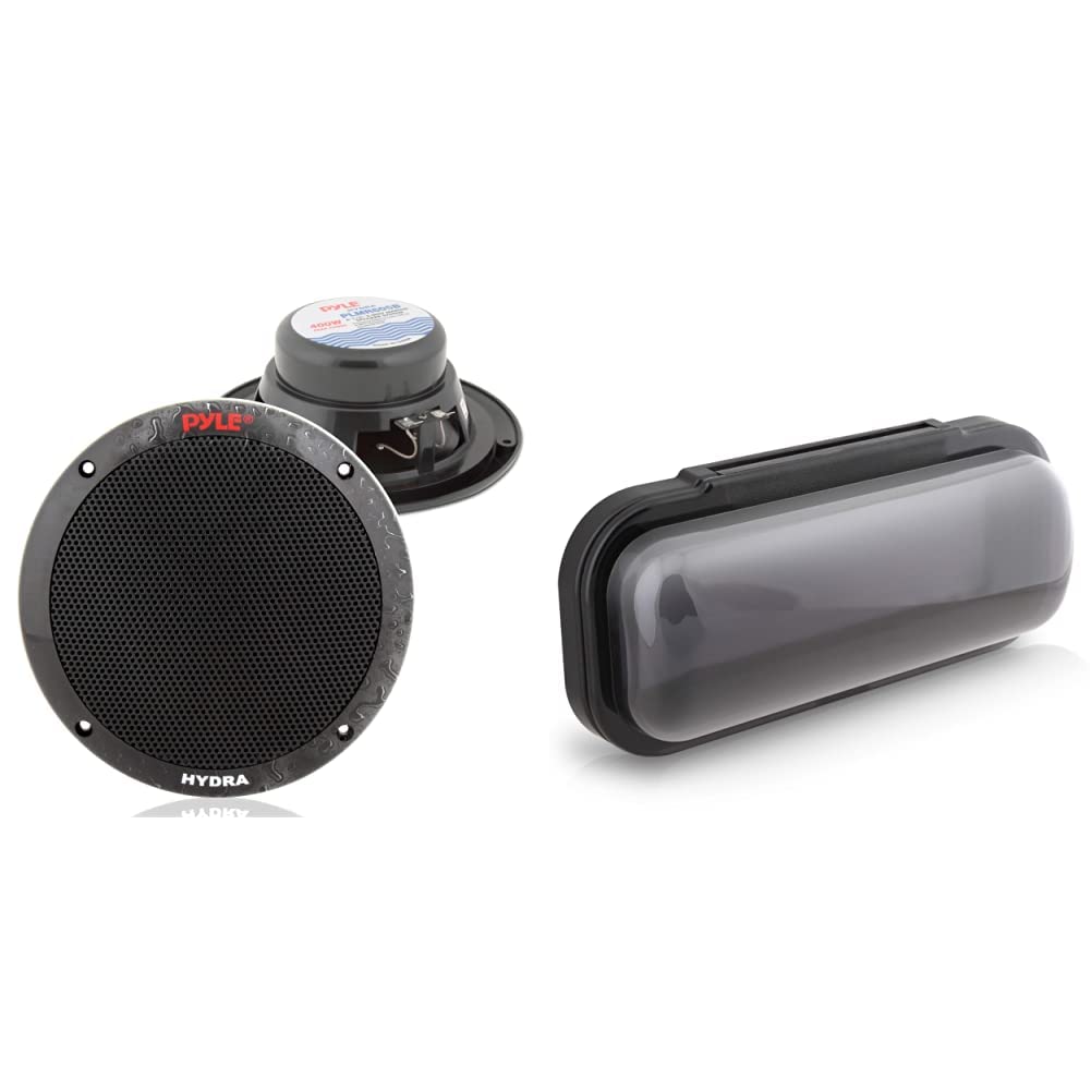 Pyle 6.5 Inch Dual Marine Speakers - 2 Way Waterproof and Weather Resistant Outdoor Audio Stereo & Water Resistant Marine Stereo Cover - Smoke Colored Heavy Duty Boat Radio Protector Shield